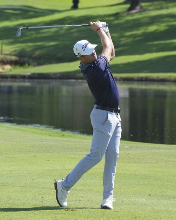 Aug 13, 2022; Memphis, Tennessee, USA; Justin Thomas plays from the fairway during the third round of the FedEx St. Jude Championship golf tournament at TPC Southwind. Mandatory Credit: David Yeazell-USA TODAY Sports